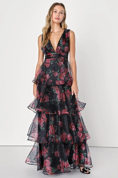 Lulus Garden Radiance Black Floral Print Organza Tiered Maxi Dress