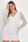 Lulus Noticeable Shine White Sequin Beaded Long Sleeve Mini Dress In White
