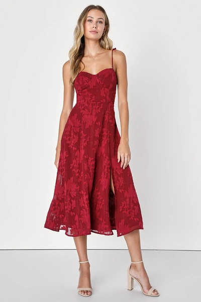 Lulus Loveliest Looks Burgundy Floral Jacquard Tie-strap Midi Dress