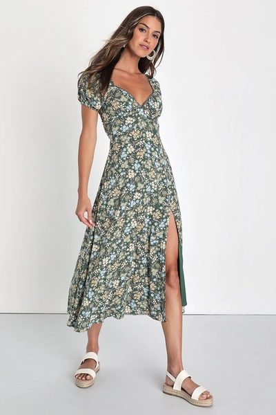 Lulus Meadow Muse Green Floral Tie-back Puff Sleeve Midi Dress