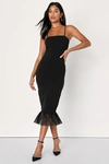 LULUS ABSOLUTELY FLIRTY BLACK SLEEVELESS RUFFLED BODYCON MIDI DRESS