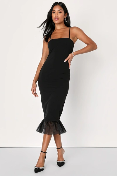 Lulus Absolutely Flirty Black Sleeveless Ruffled Bodycon Midi Dress