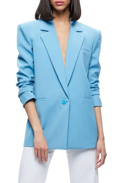 Alice And Olivia Shan Strong-shoulder Ruched-sleeve Blazer In Oxford Blue