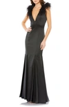 Mac Duggal Feather Shoulder V Neck Column Gown In Black