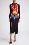 Alexander Mcqueen Flower Knit Maxi Dress With Slash Cutout Detail In 1160 Black/ Red/ Yellow