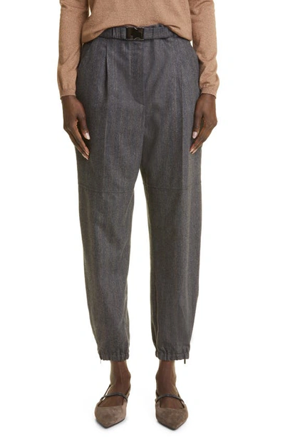 Brunello Cucinelli Pinstripe Lurex Wool Trousers With Utility Belt In Grey