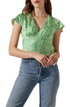 Astr Floral Flutter Sleeve Blouse In Cream Lime Ditsy