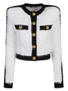 Balmain Colorblocked Tweed Knit Jacket In White