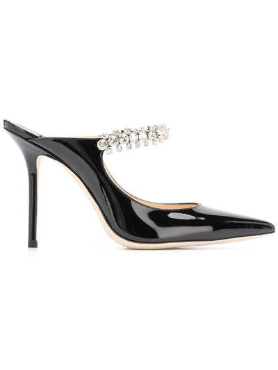 JIMMY CHOO BING 100 CRYSTAL STRAP DETAIL PATENT LEATHER MULES