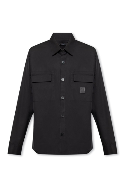 Balmain Pb Logo Cotton Shirt In Black