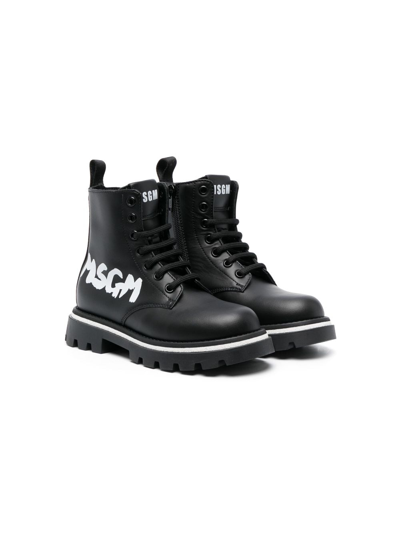 Msgm Kids' Leather Combat Lace-up Boots W/logo In Black