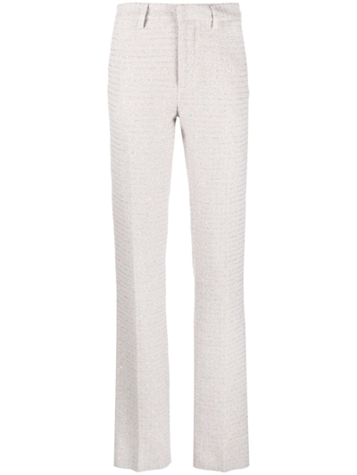 Alessandra Rich Mid Rise Sequined Tweed Straight Pants In Light Blue