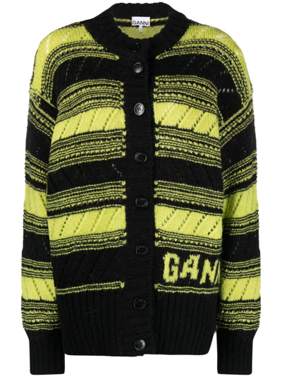 Ganni Organic Wool Striped Cardigan In Black