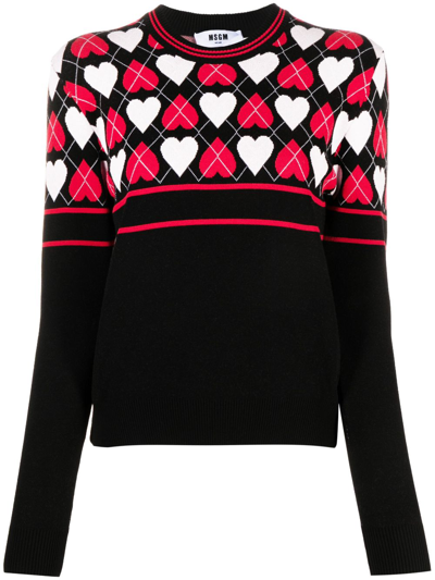 Msgm Heart-print Intarsia-knit Jumper In Black