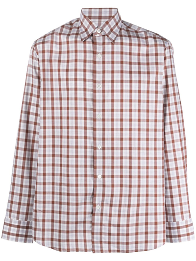 Brioni Checked Long-sleeve Shirt In Brown