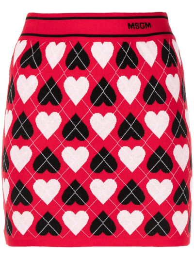 Msgm Heart-print Intarsia-knit Skirt In Red