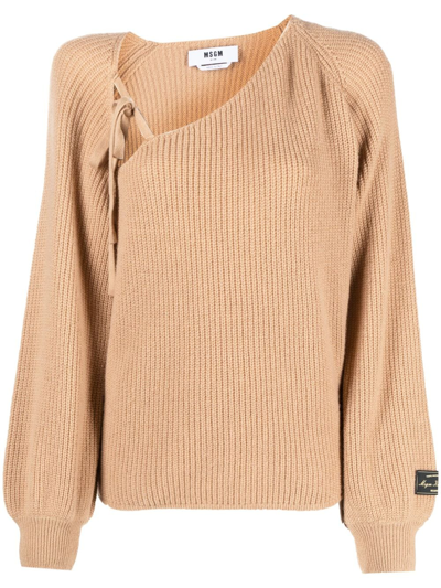 Msgm Tie-detail Wool-cashmere Jumper In Brown