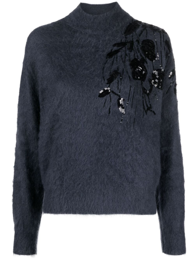 Brunello Cucinelli Sequin-embellished Mock Neck Jumper In Blue