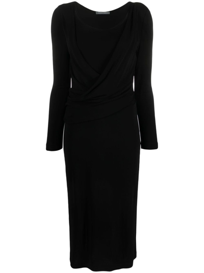 Alberta Ferretti Long Sleeves V Neck Midi Dress In Black