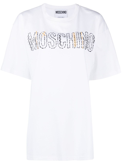 Moschino Embroidered-logo T-shirt In Bianco