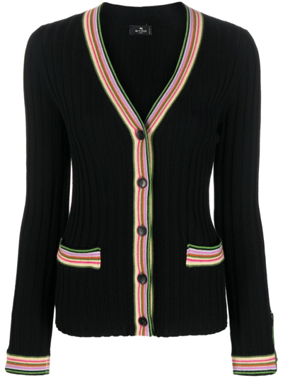 Etro Striped-border Ribbed Wool Cardigan In Black