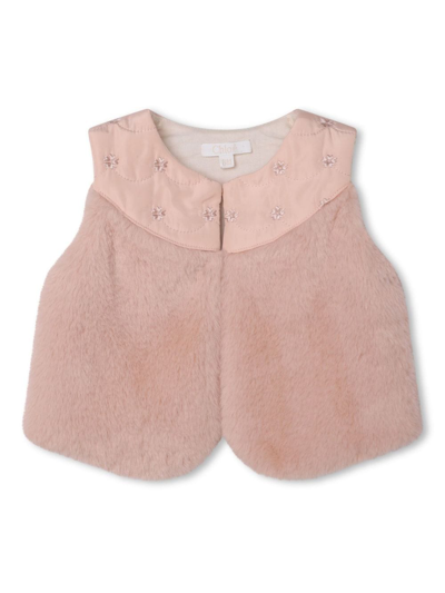 Chloé Babies' Floral-embroidery Faux-fur Waistcoat In Pink