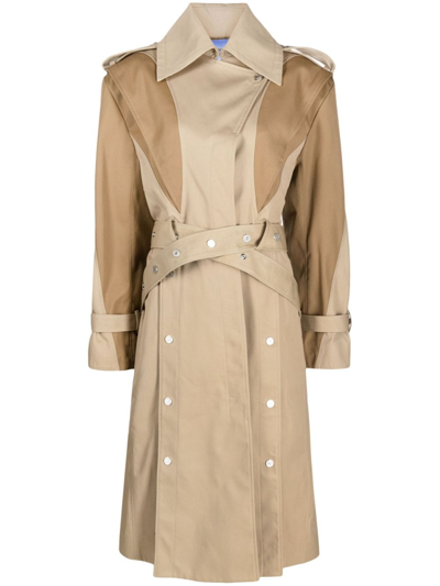 Mugler Panelled Belted Trench Coat In Neutrals