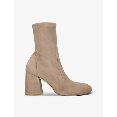 Stuart Weitzman Omens Brown Flareblock Suede Heeled Ankle Boots Eur 39 / 6 Uk In Beige