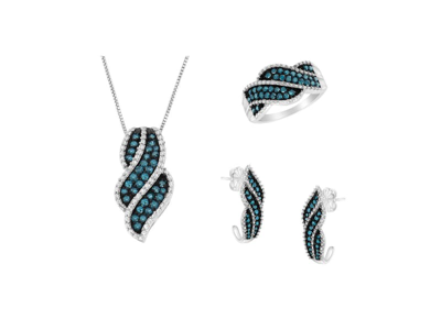 Haus Of Brilliance Rhodium Over .925 Sterling Silver 1-1/2 Cttw Blue Diamond Pavי Ring, 18" Pendant Necklace, & Earring