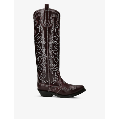Ganni Womens Wine Embroidered Knee-high Leather Cowboy Boots