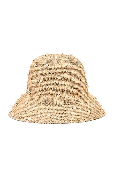 Lele Sadoughi Sea Life Embellished Raffia Bucket Hat In Tan/white
