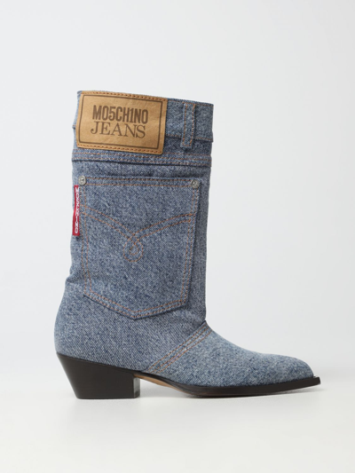 Moschino Jeans 45mm Logo-patch Denim Boots In Blue