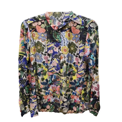 Pre-owned Johnny Was Womens Blouse Chelsea Printed Silk Astra Button Down Long Sleeve Top In Multicolor