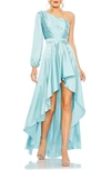 Ieena For Mac Duggal High Low One Shoulder Flowy Gown In French Blue