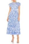 Mac Duggal High Neck Ruffle Cap Sleeve Floral Dress In Blue