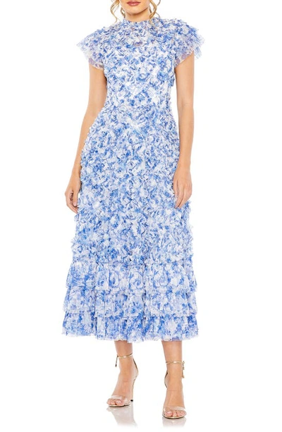 Mac Duggal High Neck Ruffle Cap Sleeve Floral Dress In Blue Multi