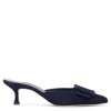 Manolo Blahnik Kitten Heel Mules In Navy Blue Suede