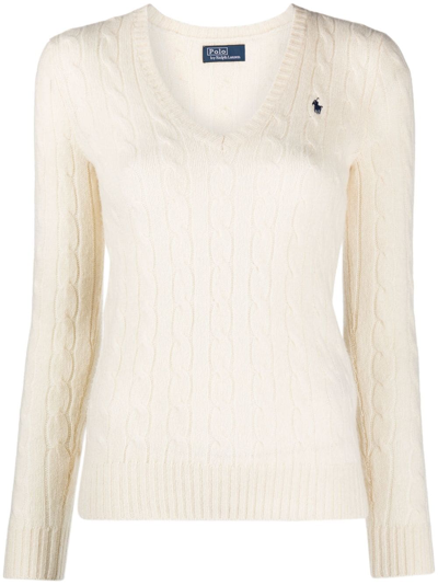 Polo Ralph Lauren Cable-knit V-neck Jumper In White