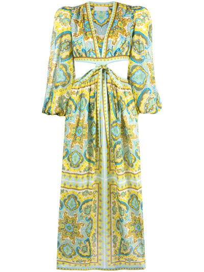 Zimmermann Cutout Paisley-print Cotton-voile Midi Dress In Yellow,light Blue
