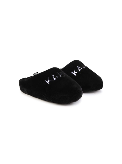 Karl Lagerfeld Kids' Logo-embroidered Faux-fur Slippers In Black