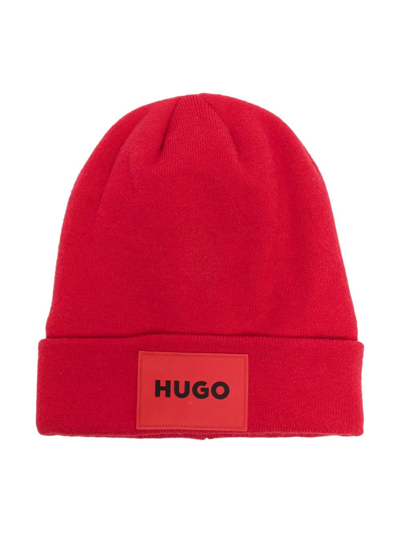 Hugo Kids' Logo-patch Beanie Hat In Red