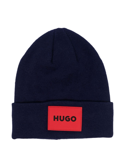 Hugo Kids' Logo-patch Knitted Beanie Hat In Blue