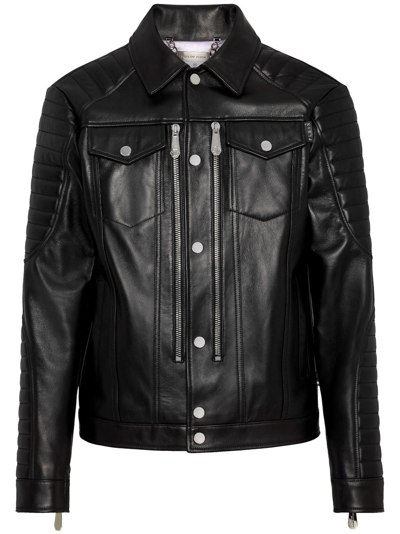 Philipp Plein Embossed-logo Leather Biker Jacket In Black