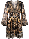 CAMILLA GRAPHIC-PRINT V-NECK SILK MINIDRESS