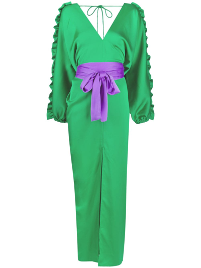 Cynthia Rowley Dolman Ruffle-trim Belted Maxi Dress In Green