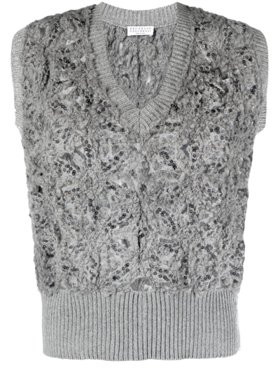 Brunello Cucinelli Winter Floral Crochet Paillette Knit V-neck Vest In C078 Grey