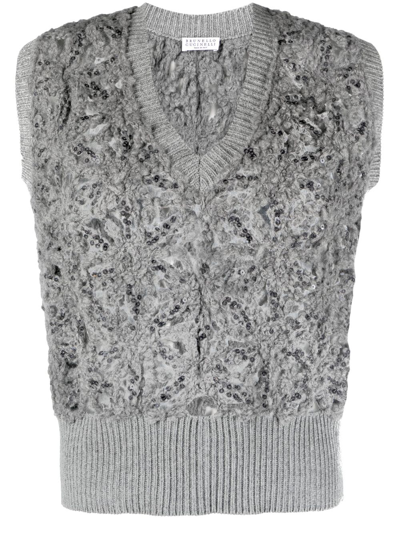 Brunello Cucinelli Winter Floral Crochet Paillette Knit V-neck Vest In Grey