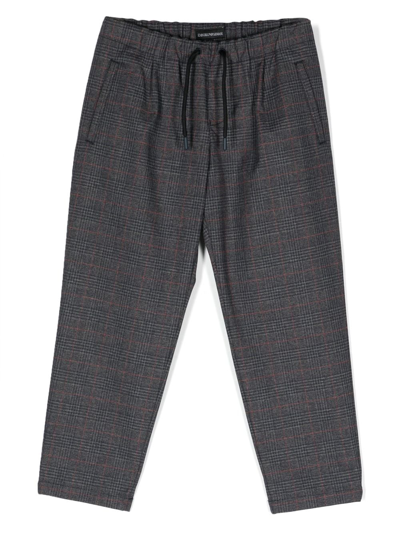Emporio Armani Kids' Embroidered-logo Check-pattern Trousers In Grey