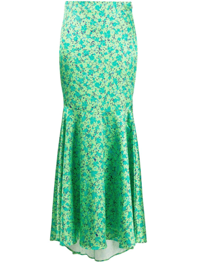 Rotate Birger Christensen 褶饰细节花卉印花超长半身裙 In Green