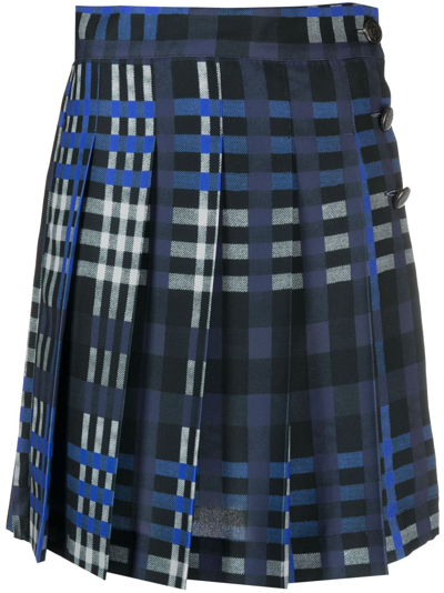 Msgm Pleated Tartan Tech Mini Skirt In Blue